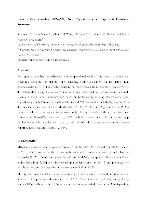 Bismuth zinc vanadate, BiZn2VO6: New crystal structure type and electronic structure Thumbnail