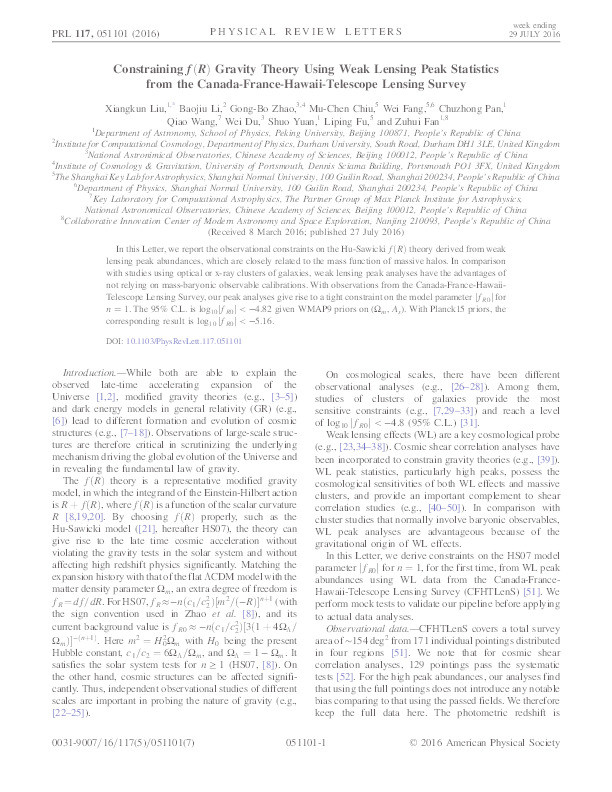 Constraining f(R) Gravity Theory Using Weak Lensing Peak Statistics from the Canada-France-Hawaii-Telescope Lensing Survey Thumbnail