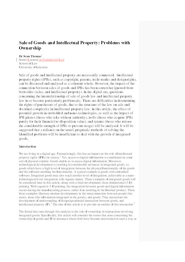 Sale of Goods and Intellectual Property: Problems with Ownership Thumbnail