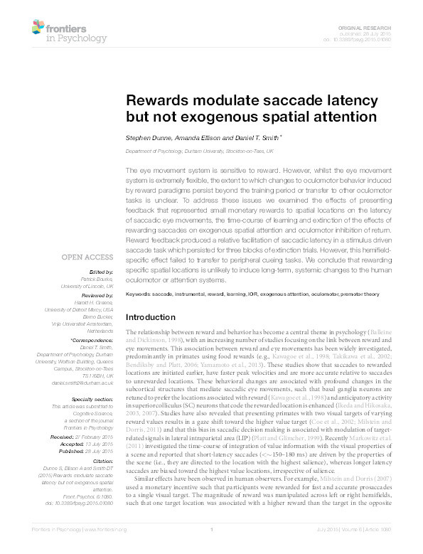 Rewards modulate saccade latency but not exogenous spatial attention Thumbnail