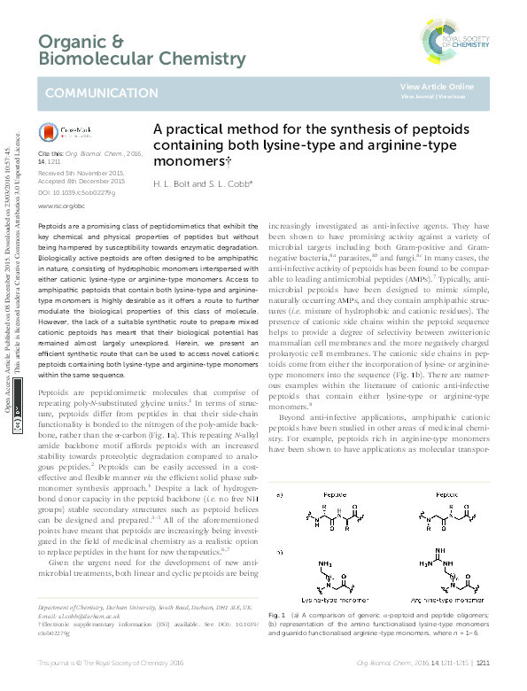 A practical method for the synthesis of peptoids containing both lysine-type and arginine-type monomers Thumbnail