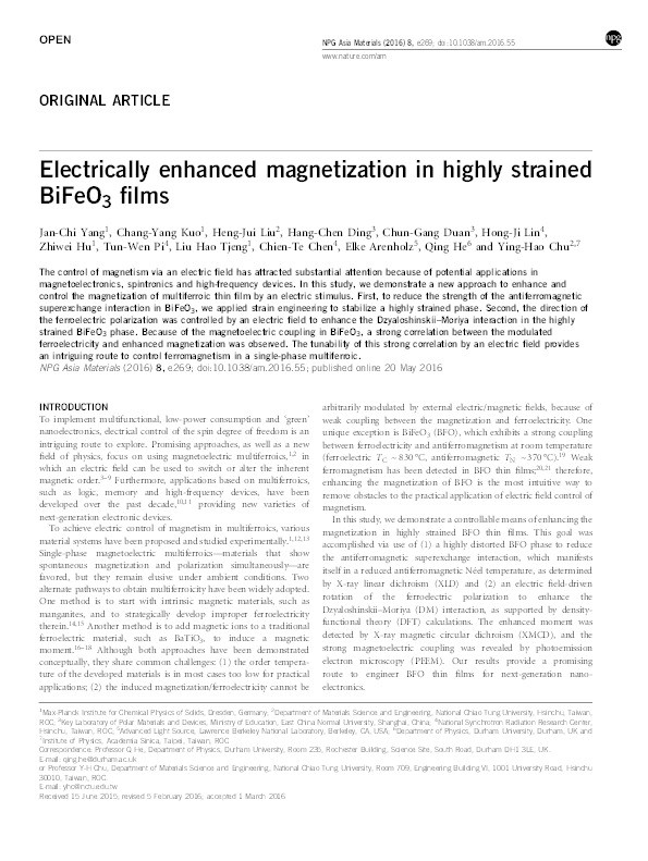 Electrically enhanced magnetization in highly strained BiFeO3 films Thumbnail