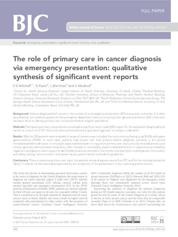 The role of primary care in cancer diagnosis via emergency presentation: qualitative synthesis of significant event reports Thumbnail