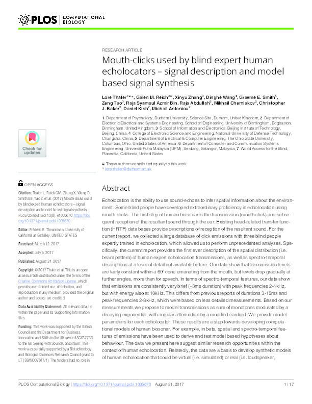 Mouth-Clicks used by Blind Expert Human Echolocators – Signal Description and Model Based Signal Synthesis Thumbnail