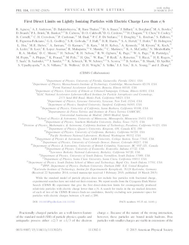First Direct Limits on Lightly Ionizing Particles with Electric Charge Less than e/6 Thumbnail
