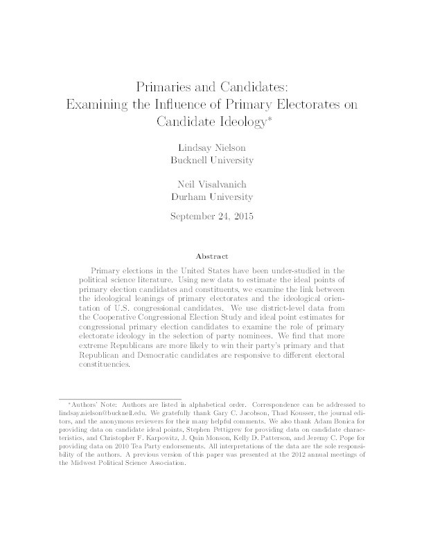 Primaries and Candidates: Examining the Influence of Primary Electorates on Candidate Ideology Thumbnail