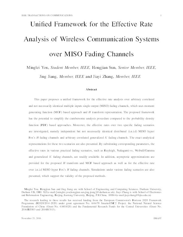 Unified Framework for the Effective Rate Analysis of Wireless Communication Systems over MISO Fading Channels Thumbnail