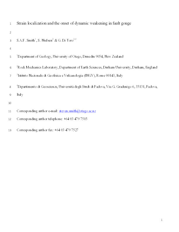 Strain localization and the onset of dynamic weakening in calcite fault gouge Thumbnail