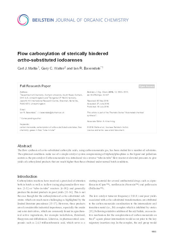 Flow carbonylation of sterically hindered ortho-substituted iodoarenes Thumbnail