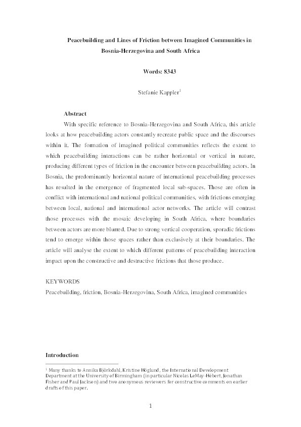 Peacebuilding and lines of friction between imagined communities in Bosnia-Herzegovina and South Africa Thumbnail