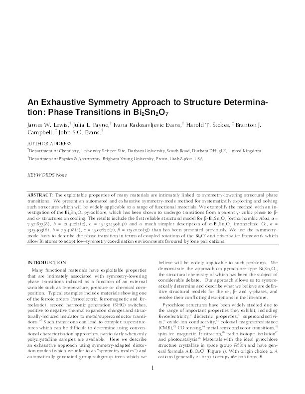 An Exhaustive Symmetry Approach to Structure Determination: Phase Transitions in Bi2Sn2O7 Thumbnail