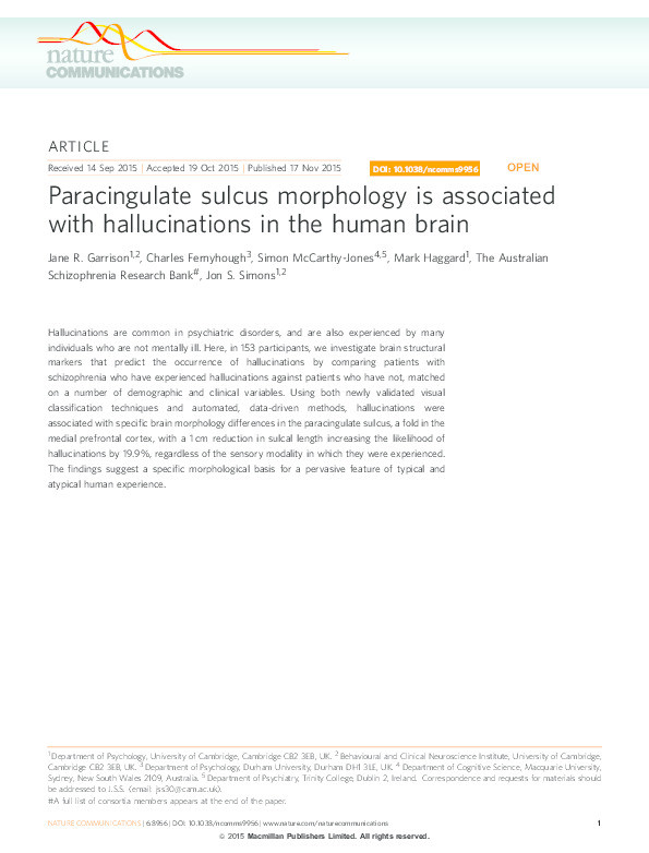Paracingulate sulcus morphology is associated with hallucinations in the human brain Thumbnail