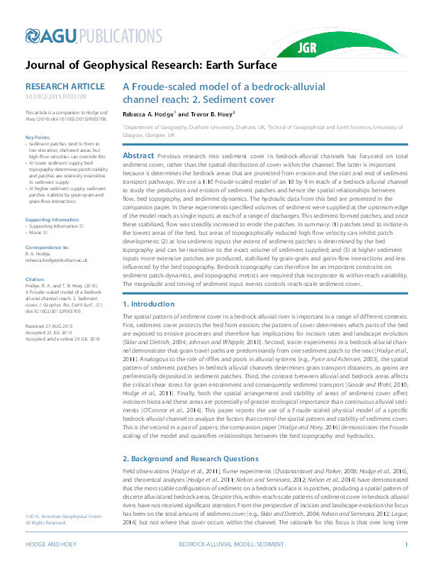 A Froude-scaled model of a bedrock-alluvial channel reach: 2. Sediment cover Thumbnail