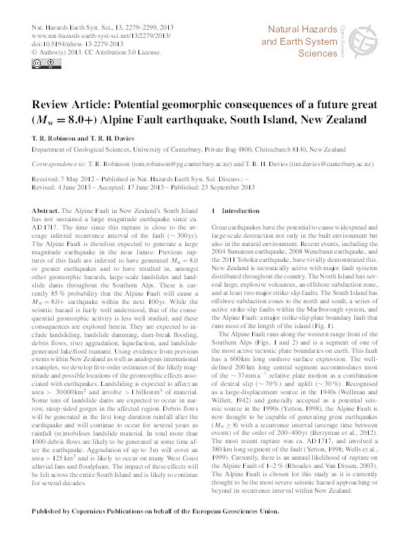 Review Article: Potential geomorphic consequences of a future great (Mw = 8.0+) Alpine Fault earthquake, South Island, New Zealand Thumbnail