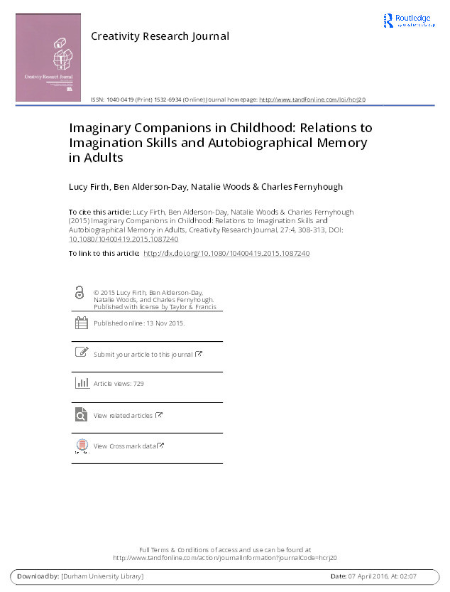 Imaginary companions in childhood: Relations to imagination skills and autobiographical memory in adults Thumbnail