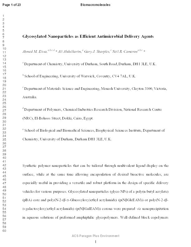 Glycosylated nanoparticles as efficient antimicrobial delivery agents Thumbnail