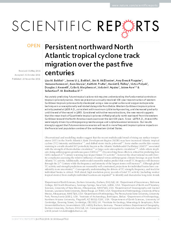 Persistent northward North Atlantic tropical cyclone track migration over the past five centuries Thumbnail