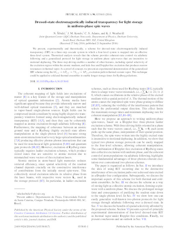 Dressed-state electromagnetically induced transparency for light storage in uniform-phase spin waves Thumbnail