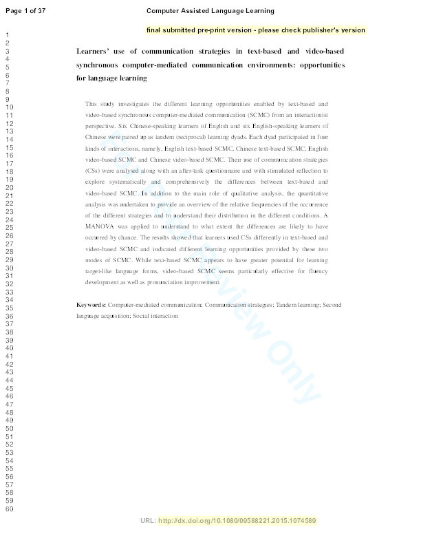 Learners’ use of communication strategies in text-based and video-based synchronous computer-mediated communication environments: opportunities for language learning Thumbnail