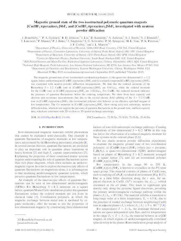 Magnetic ground state of the two isostructual polymeric quantum magnets [Cu(HF2)(pyrazine)2]SbF6 and [Co(HF2)(pyrazine)2]SbF6 investigated with neutron powder diffraction Thumbnail