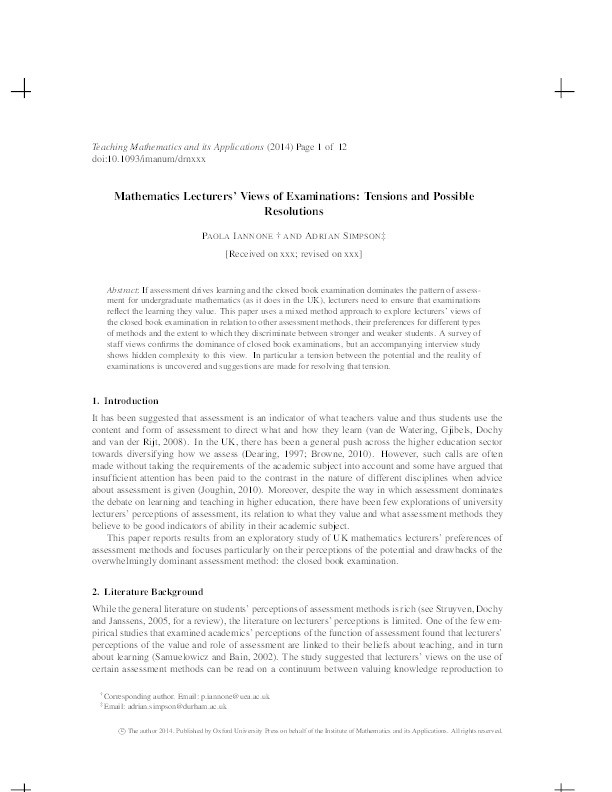 Mathematics lecturers’ views of examinations: tensions and possible resolutions Thumbnail