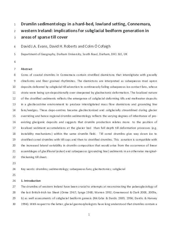 Drumlin sedimentology in a hard-bed, lowland setting, Connemara, western Ireland: implications for subglacial bedform generation in areas of sparse till cover Thumbnail