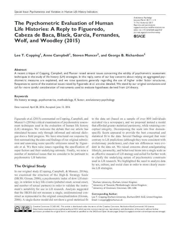 The psychometric evaluation of human life histories: A reply to Figueredo, Cabeza de Baca, Black, Garcia, Fernandes, Wolf and Woodley (2015) Thumbnail