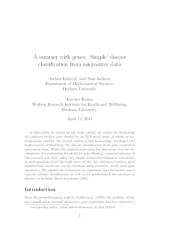 A summer with genes: Simple disease classification from microarray data Thumbnail