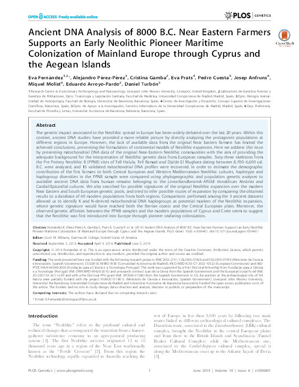 Ancient DNA Analysis of 8000 B.C. Near Eastern Farmers Supports an Early Neolithic Pioneer Maritime Colonization of Mainland Europe through Cyprus and the Aegean Islands Thumbnail