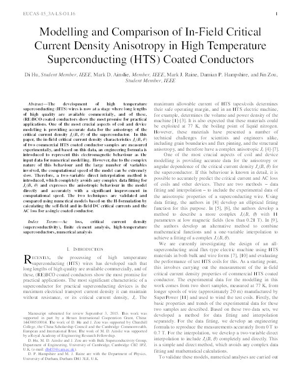 Modelling and comparison of in-field critical current density anisotropy in high temperature superconducting (HTS) coated conductors Thumbnail