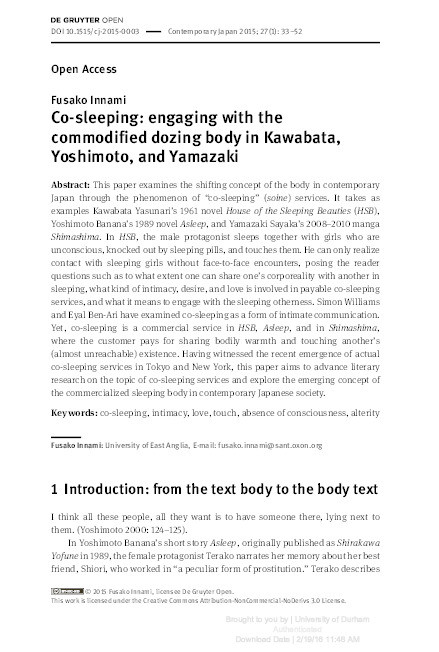 Co-sleeping: engaging with the commodified dozing body in Kawabata, Yoshimoto, and Yamazaki Thumbnail