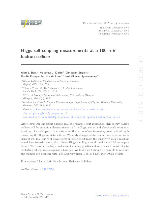 Higgs Self-Coupling Measurements at a 100 TeV Hadron Collider Thumbnail