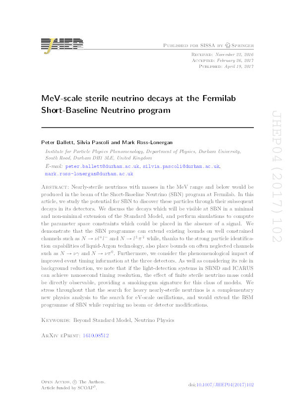 MeV-scale sterile neutrino decays at the Fermilab Short-Baseline Neutrino program Thumbnail