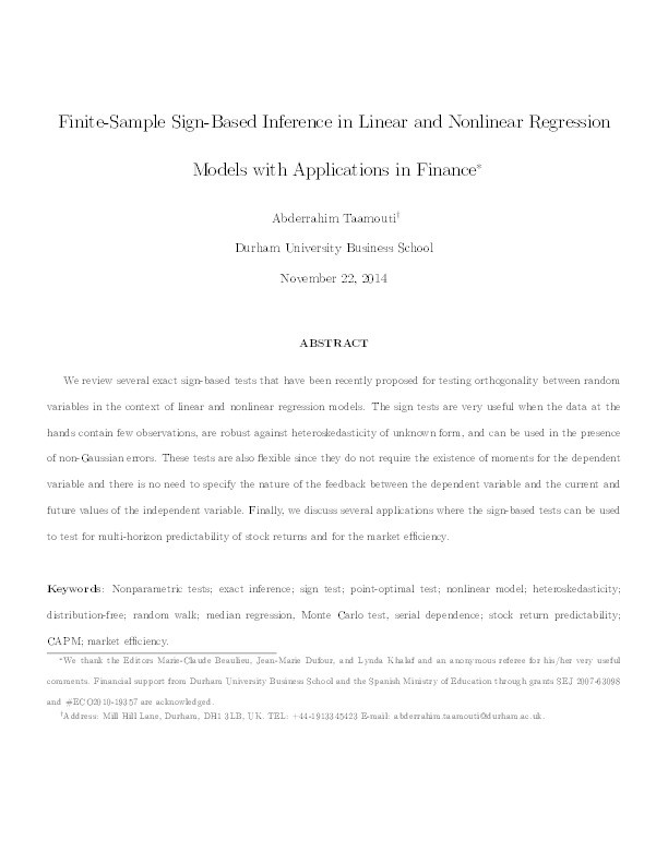Finite-Sample Sign-Based Inference in Linear and Nonlinear Regression Models with Applications in Finance Thumbnail