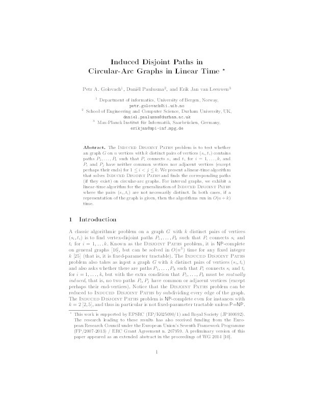 Induced disjoint paths in circular-arc graphs in linear time Thumbnail