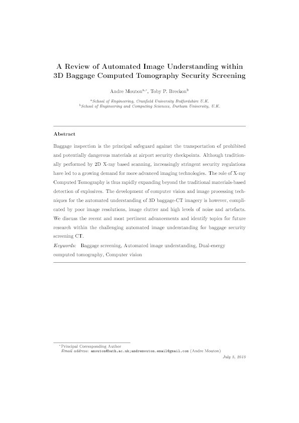 A Review of Automated Image Understanding within 3D Baggage Computed Tomography Security Screening Thumbnail