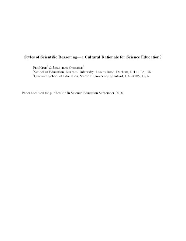 Styles of Scientific Reasoning: A Cultural Rationale for Science Education? Thumbnail