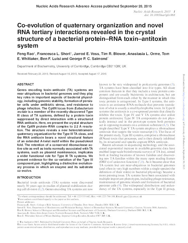 Co-evolution of quaternary organization and novel RNA tertiary interactions revealed in the crystal structure of a bacterial protein–RNA toxin–antitoxin system Thumbnail