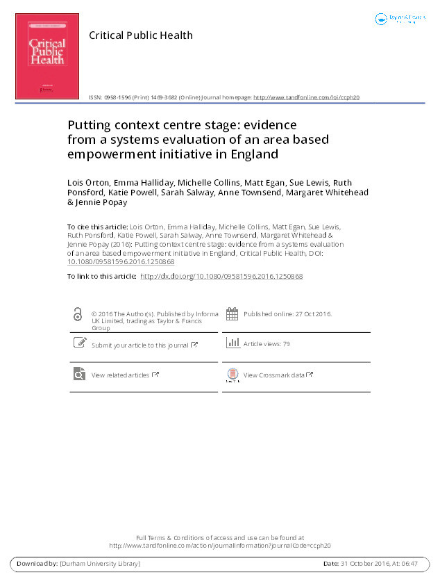 Putting context centre stage: evidence from a systems evaluation of an area based empowerment initiative in England Thumbnail