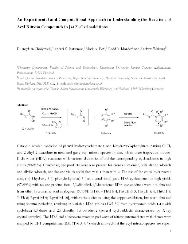 An experimental and computational approach to understanding the reactions of acyl nitroso compounds in [4+2]-cycloadditions Thumbnail