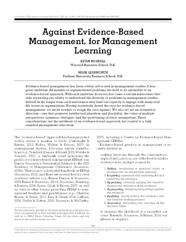 Against evidence-based management, for management learning Thumbnail