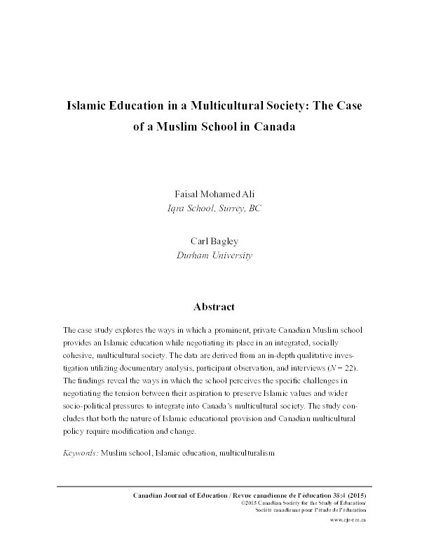 Islamic Education in a Multicultural Society: The Case of a Muslim School in Canada Thumbnail
