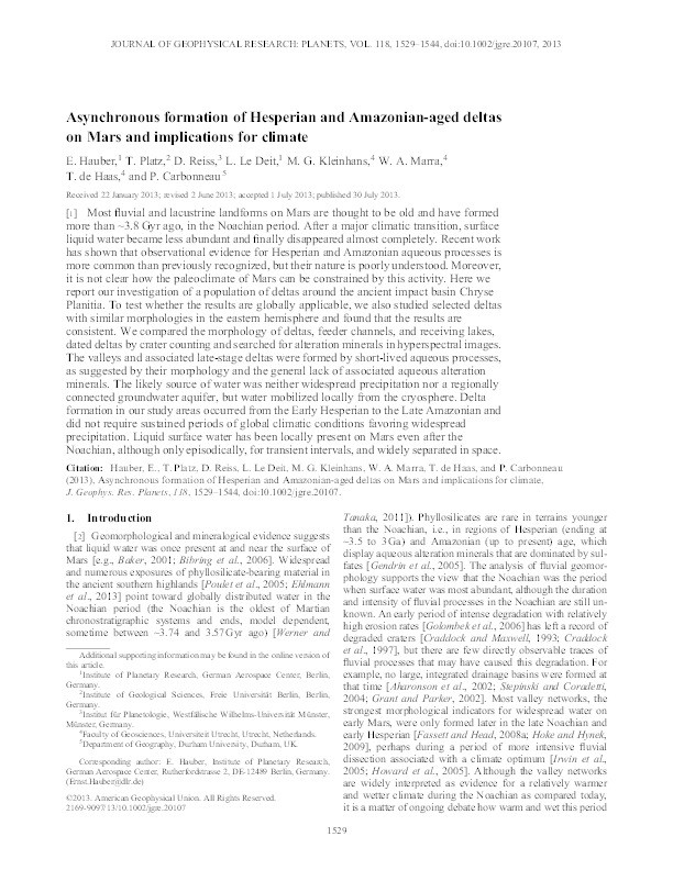 Asynchronous formation of Hesperian and Amazonian-aged deltas on Mars and implications for climate Thumbnail