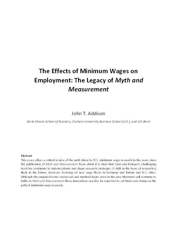 The Effects of Minimum Wages on Employment: The Legacy of Myth and Measurement Thumbnail