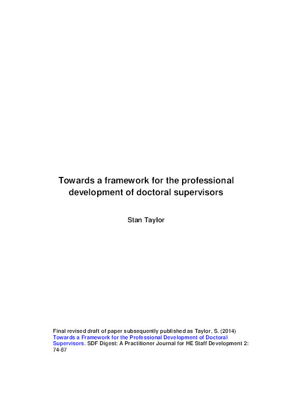Towards a Framework for the Professional Development of Doctoral Supervisors Thumbnail