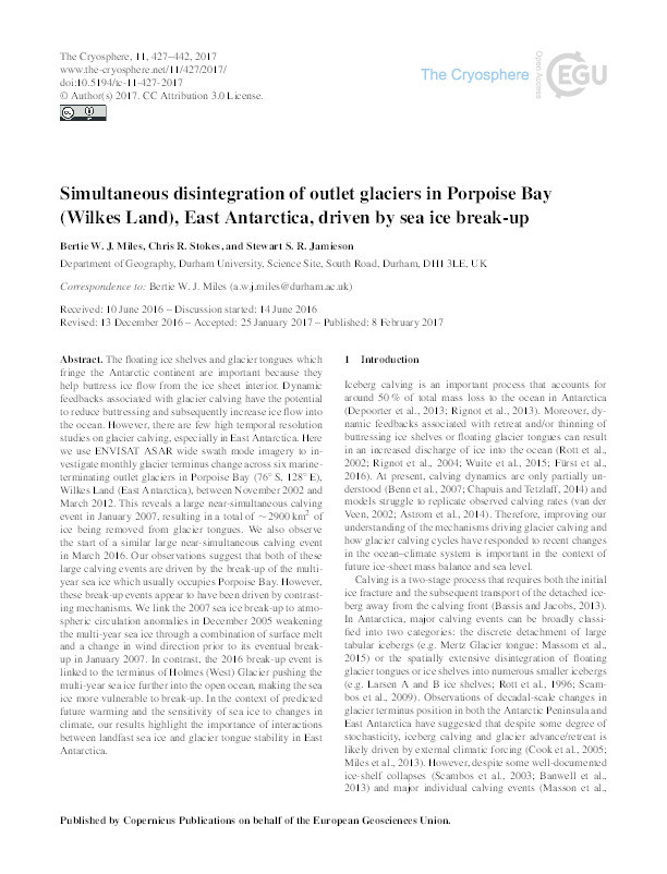 Simultaneous disintegration of outlet glaciers in Porpoise Bay (Wilkes Land), East Antarctica, driven by sea ice break-up Thumbnail