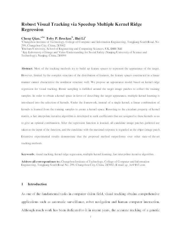 Robust visual tracking via speedup multiple kernel ridge regression Thumbnail