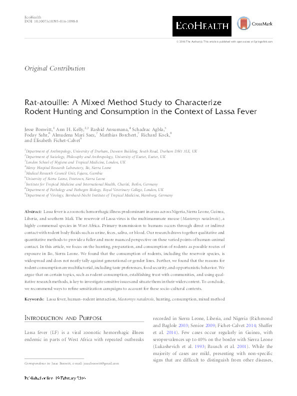 Rat-atouille: A Mixed Method Study to Characterize Rodent Hunting and Consumption in the Context of Lassa Fever Thumbnail