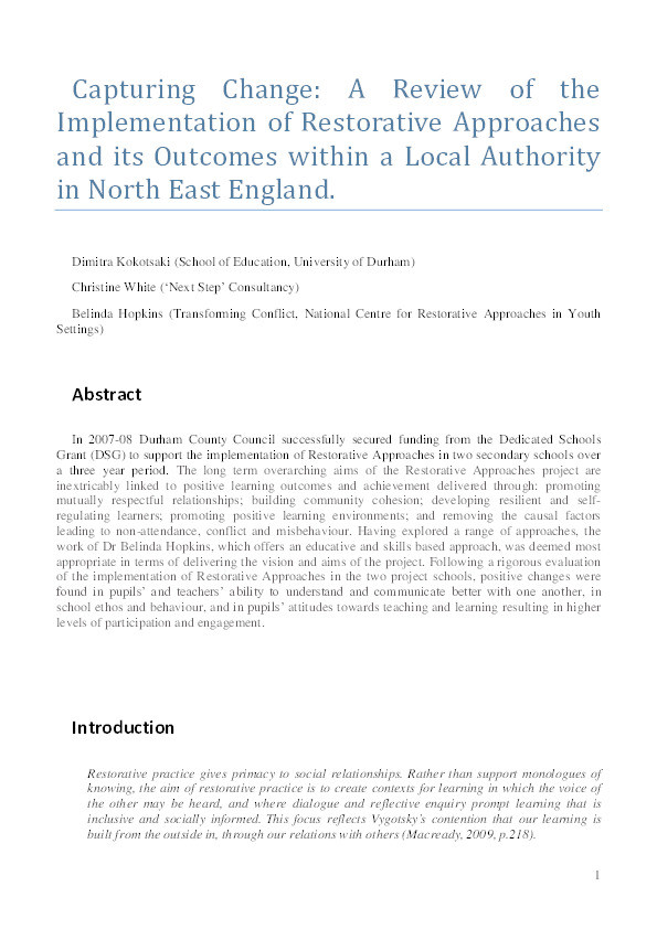 Capturing change: a review of the implementation of Restorative Approaches and its outcomes within a local authority in North East England Thumbnail