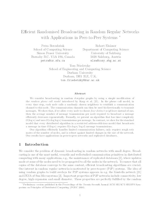 Efficient randomised broadcasting in random regular networks with applications in peer-to-peer systems Thumbnail